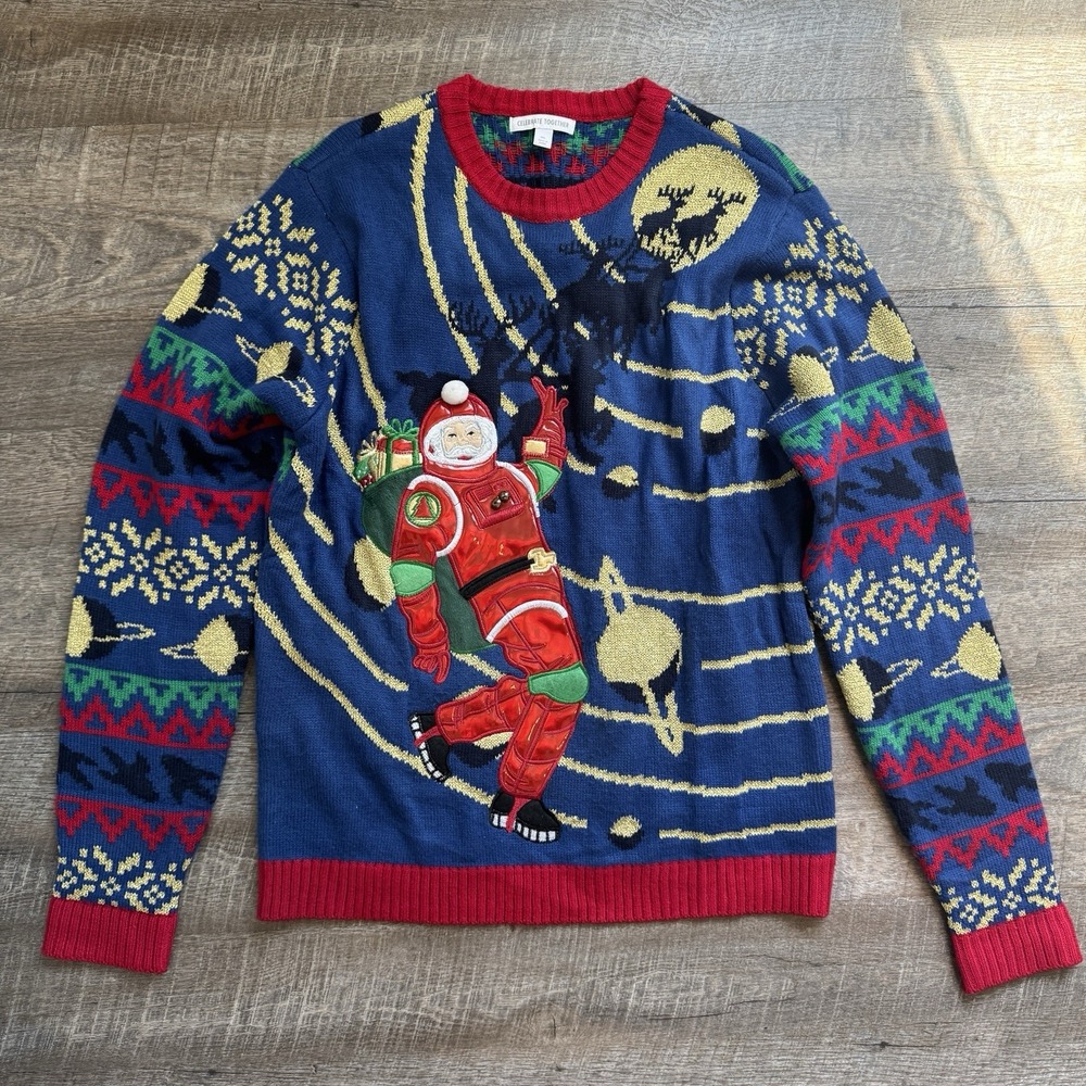 Ugly Christmas Sweater Santa Astronaut Womens L Holiday Moon Space Funny Bells